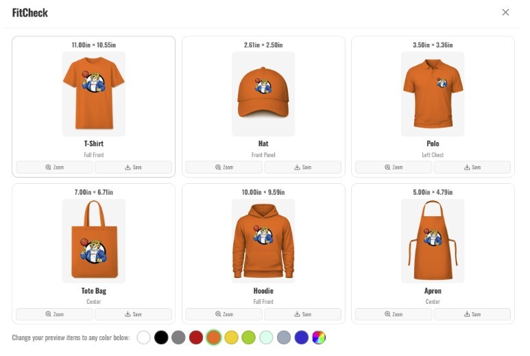 FitCheck garment mock-up preview in the DTF gang sheet builder
