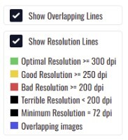 Colour-coded artwork resolution indicators in the DTF gang sheet builder
