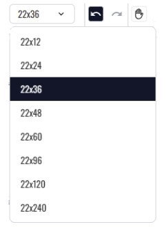 Gang sheet size dropdown showing available DTF sheet dimensions, with 22 × 36 inches selected